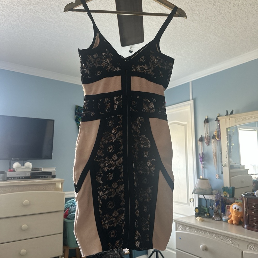 bebe Black and Nude Lace-Panel Mini Bodycon Dress